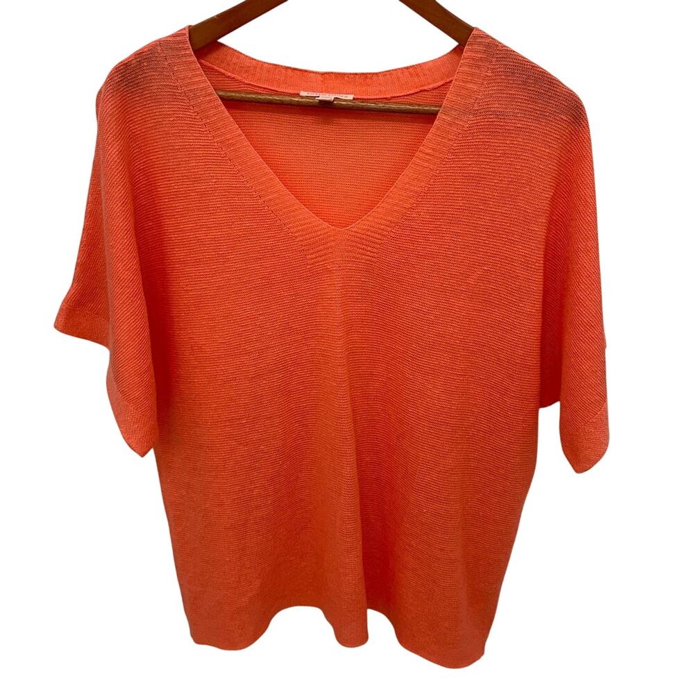 EILEEN FISHER Coral Orange V Neck 100% Organic Linen Top // XS